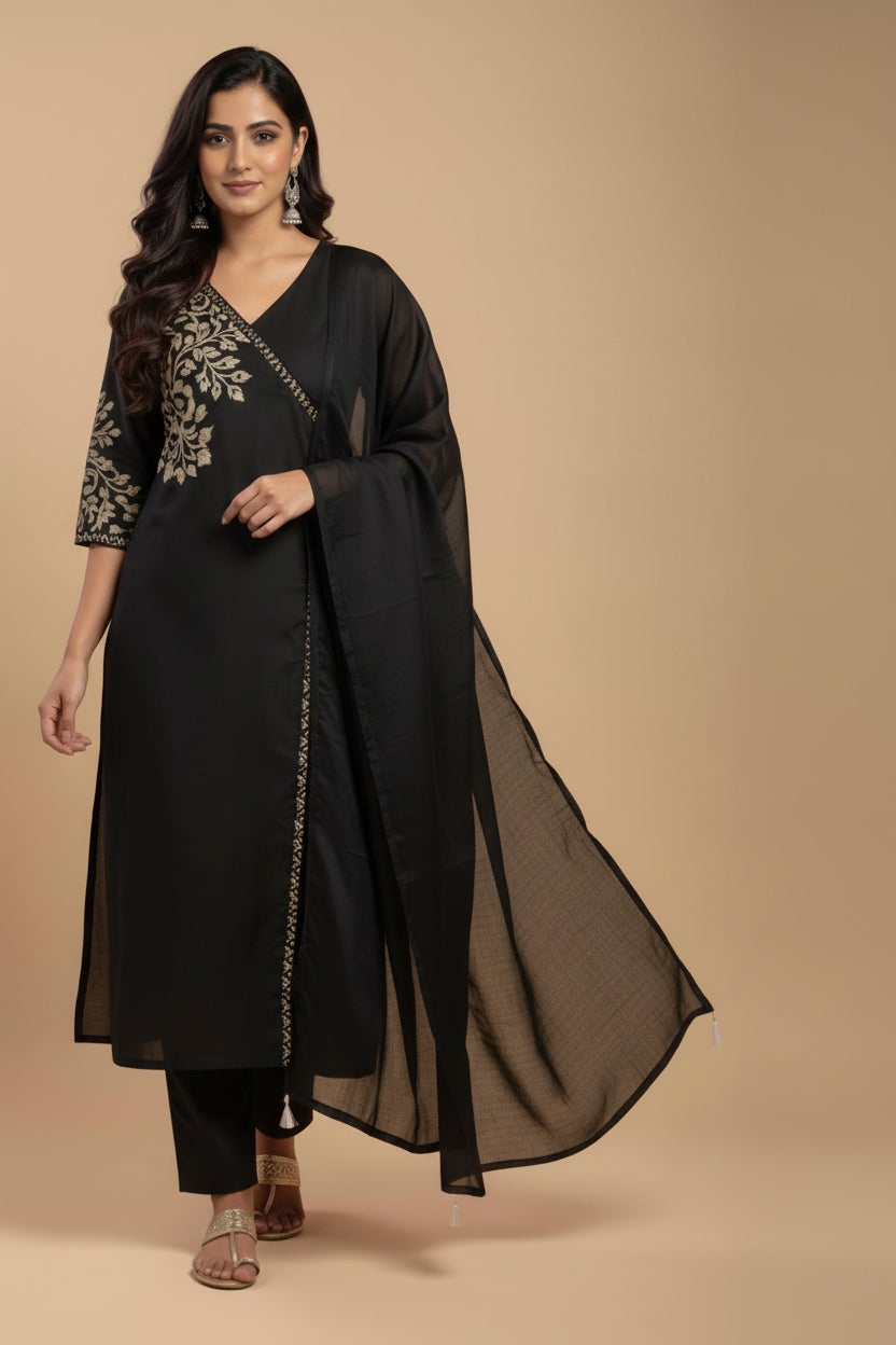 Pure 60/60 Cambrics Black Embroidered Kurta Set with Dupatta