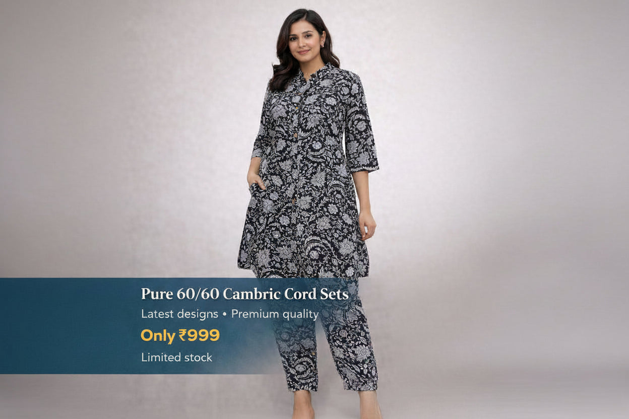 Pure 60/60 Cambric Cord Set – Floral Block Print | Navy Blue