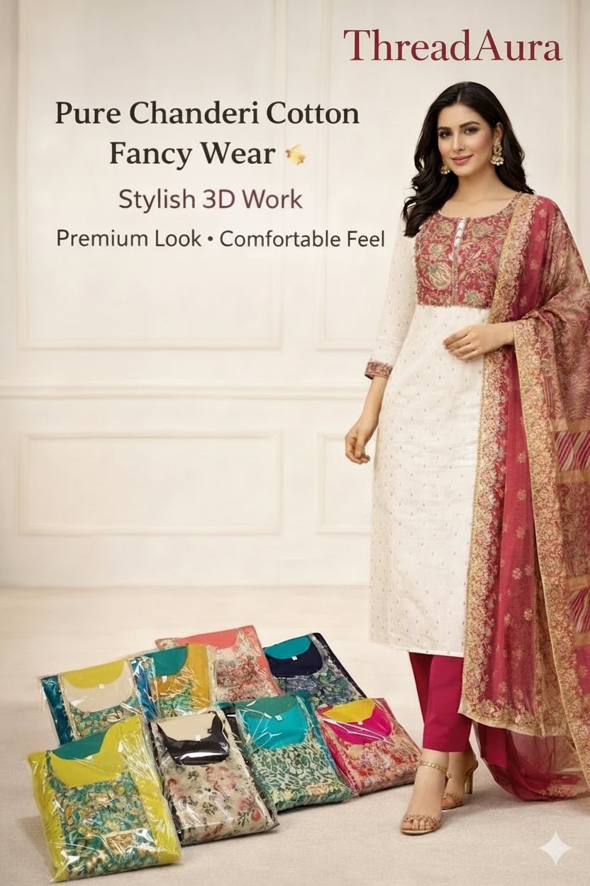 Pure Chanderi Cotton Fancy Wear – 3D Work Salwar Suit | Multi-Color