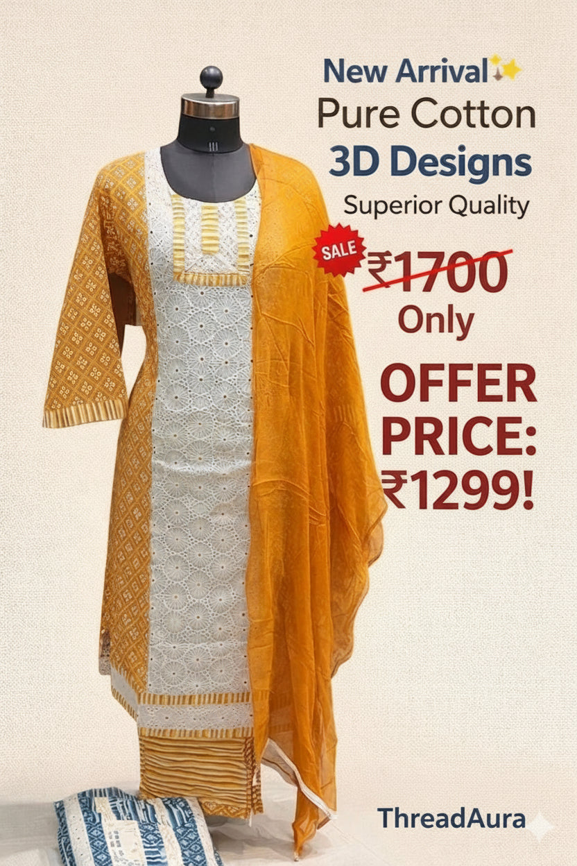 Pure Cotton 3D Desi Pant Suit – White & Mustard | Superior Quality