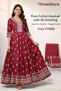 Pure Cotton Anarkali with 3D Detailing – Maroon | Elegant Festive Wear