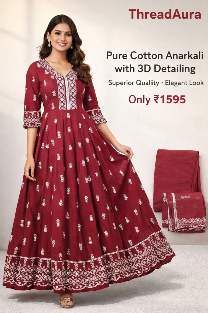 Pure Cotton Anarkali with 3D Detailing – Maroon | Elegant Festive Wear