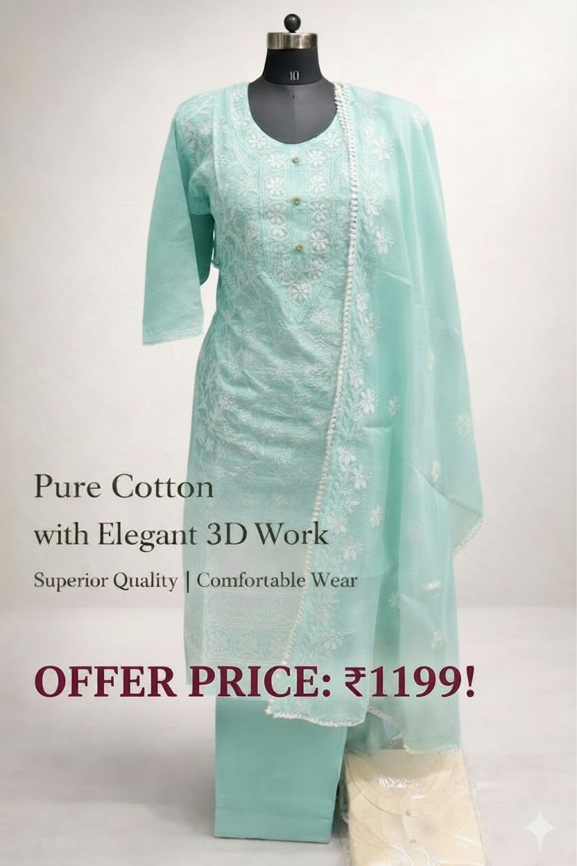 Pure Cotton Suit Set with Dupatta – Mint Green Elegant 3D Embroidery Work