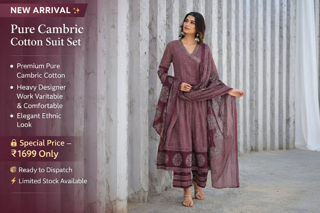 Pure Cambric Cotton Suit Set with Dupatta – Mauve Heavy Designer Print Ethnic Wear