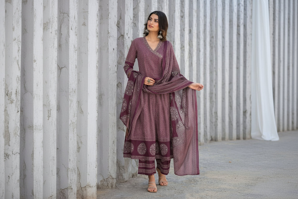 Pure Cambric Cotton Suit Set with Dupatta – Mauve Heavy Designer Print Ethnic Wear