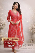 Pure Cotton Suit Set with Dupatta – Red Elegant 3D Embroidery & Bandhani Work