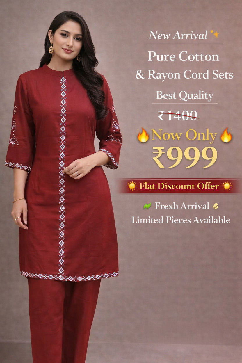 Pure Cotton & Rayon Coord Set – Maroon Embroidered Kurta with Pant