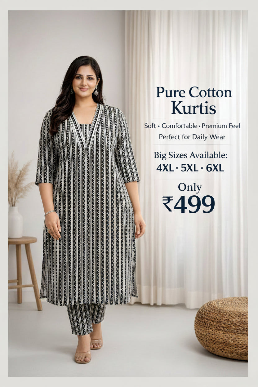 Pure Cotton Kurti – Black Geometric Print | Daily Wear | Plus Size Available